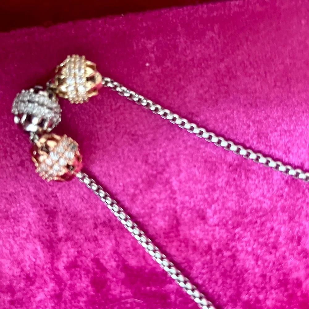 Tri Tone Filigree Bead Necklace 18K Gold Filled CZ Embellished NWOT